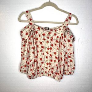 Alife Paris of Kazumi Vintage Beige Red Floral Cold Shoulder Crop Blouse medium